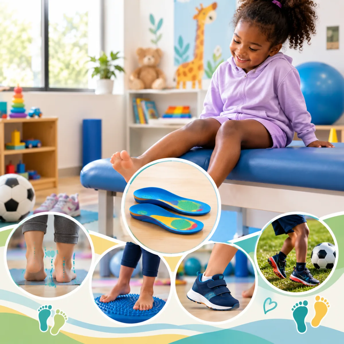 Podologie pédiatrique : enfant en consultation, semelles pour enfant, analyse des appuis, équilibre, chaussures et sport